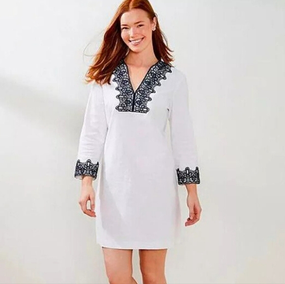 Preston & York Stretch NavWhite Linen 3/4 Sleeve V-Neck Embroidered Dress Size 8 - Picture 1 of 14